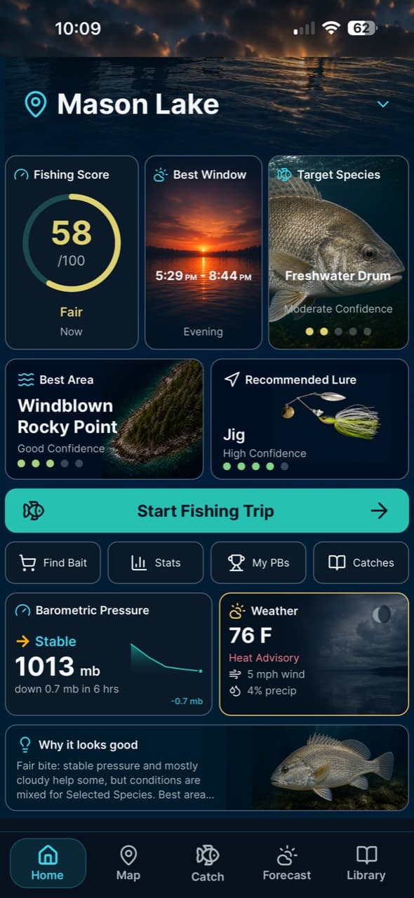 Wake and Lake fishing app home dashboard