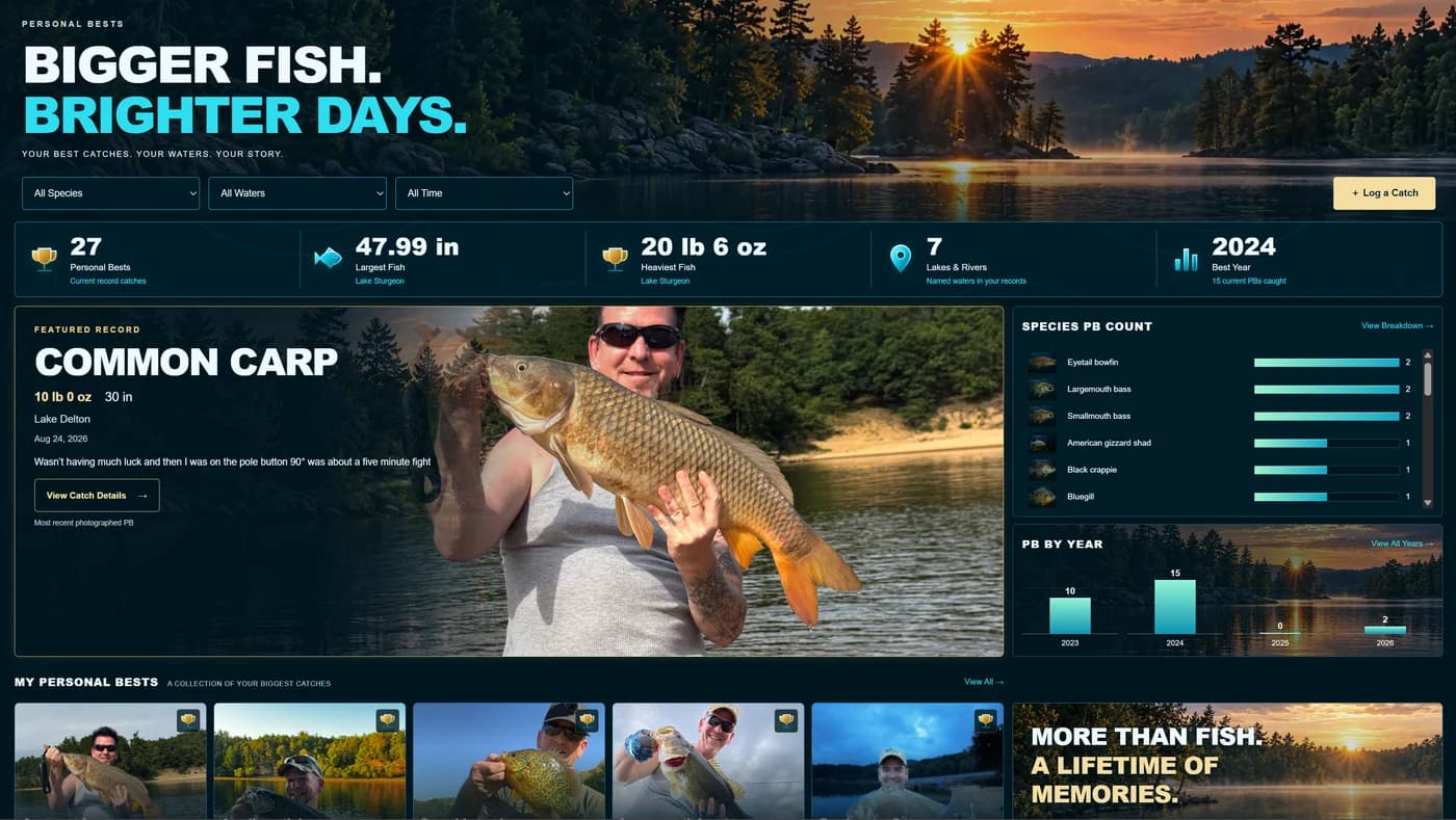 Actual desktop app: Personal bests with catch photos, record catches, and fishing history