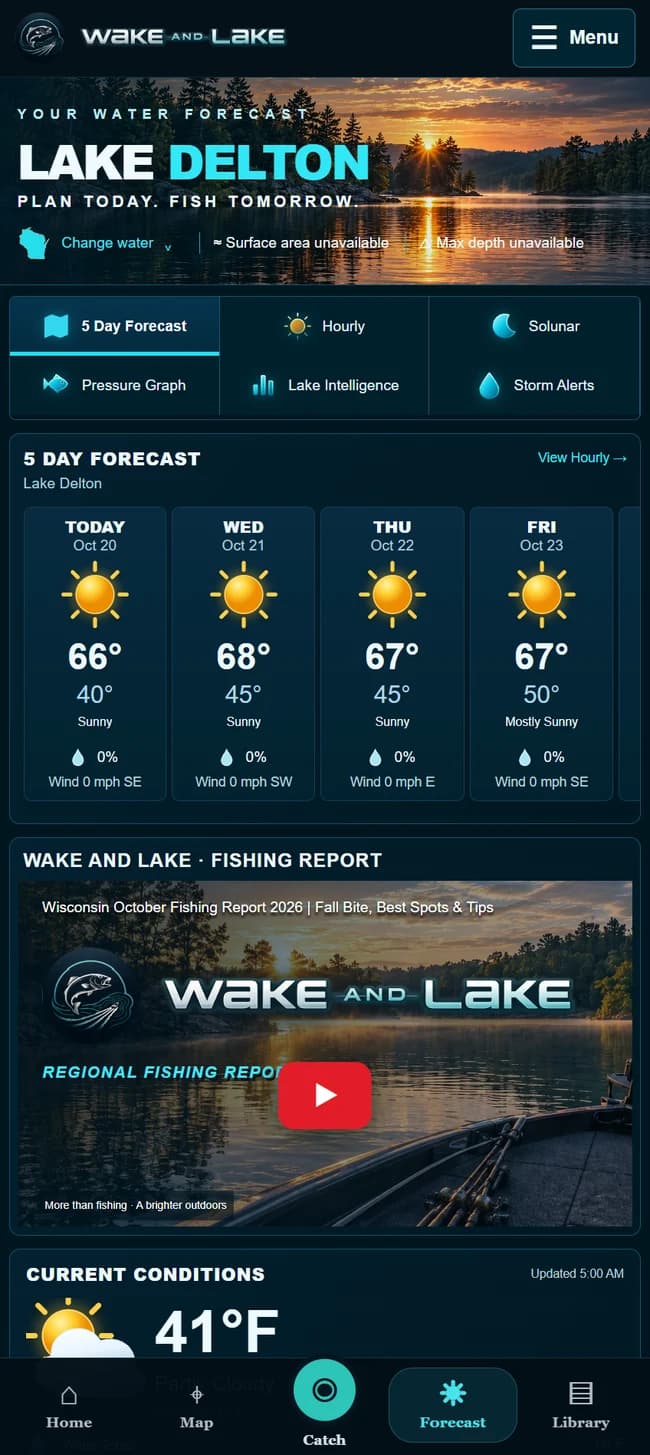 Actual mobile app: Lake Delton forecast with weather, pressure trends, and fishing conditions