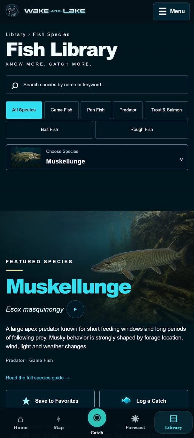 Actual mobile app: Fish Library featuring Muskellunge (Esox masquinongy)