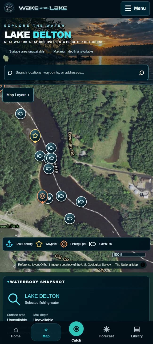 Actual mobile app: Lake Delton fishing map with saved fishing spots, waypoints, and catch pins